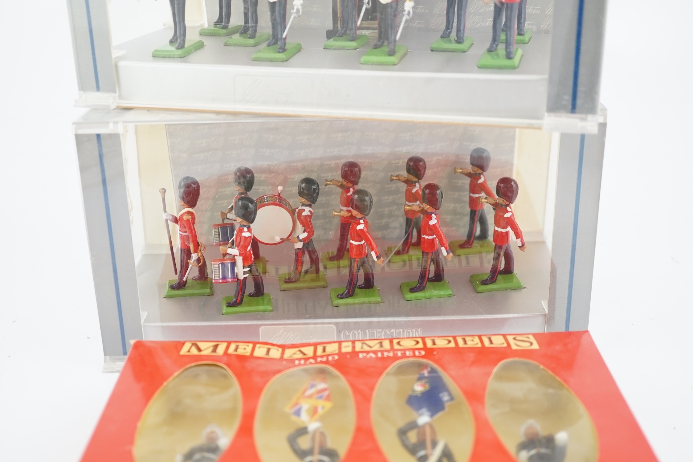 Twelve boxed 1980s and later Britains soldier sets including; two 21st Lancers (8807), U.S. Marine Corps (7303), Lifeguards (5184), Seaforth Highlanders (5185), The Irish State Coach (00254), etc.